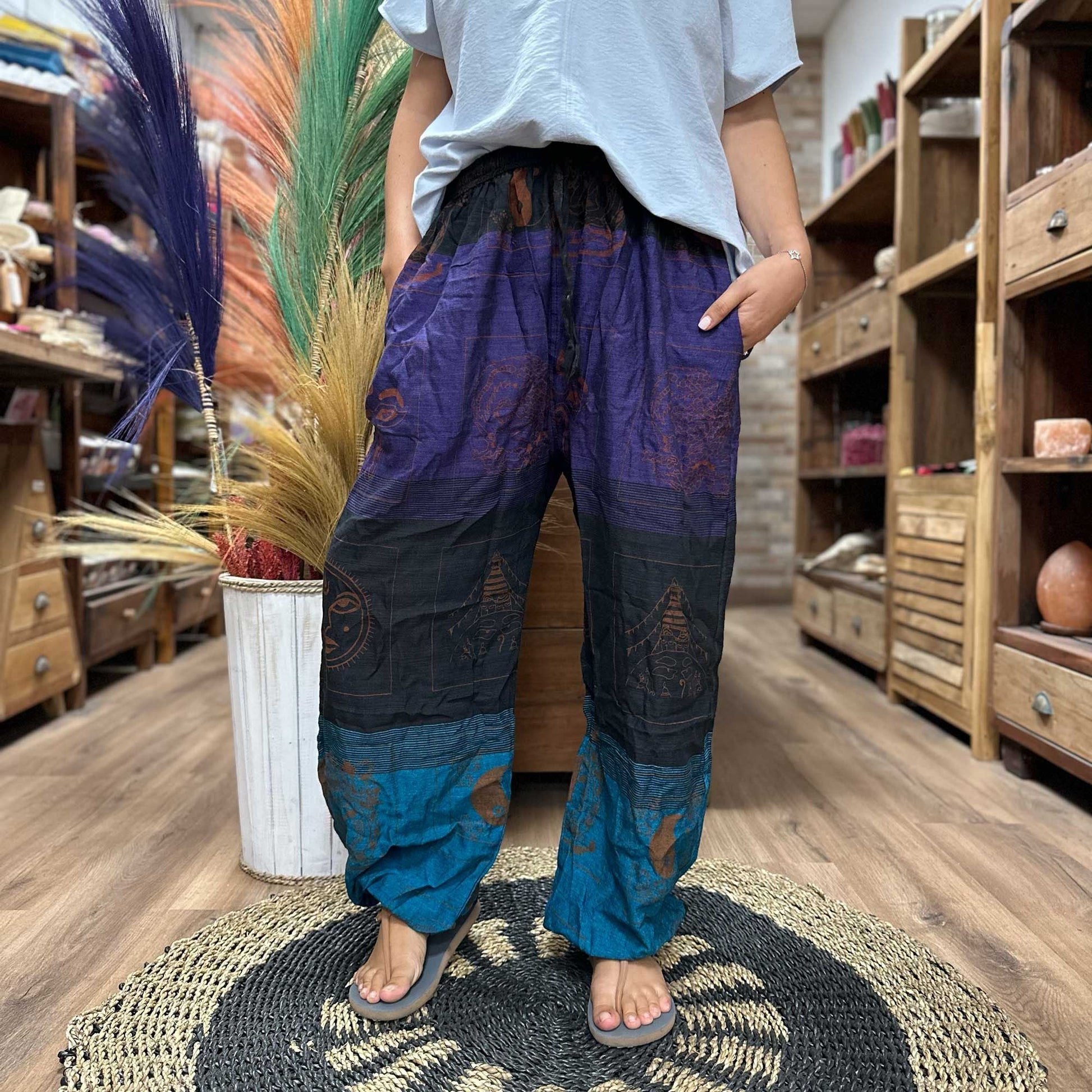 Polished Yoga And Festival Pants High Cross Himalayan Print On Purple 2 featuring natural patterning and unique variations - Positive Faith Hope Love