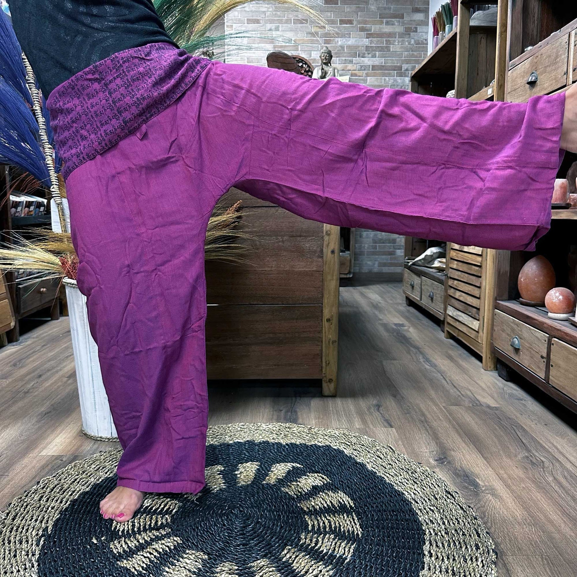 Polished Yoga and Festival Pants - Thai Fisherman Mandala Mantra on Purple featuring natural patterning and unique variations - Positive Faith Hope Love