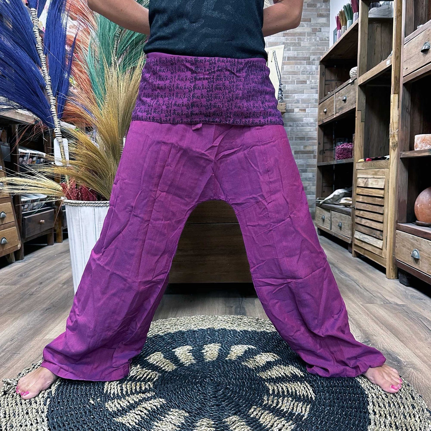 Polished Yoga And Festival Pants Thai Fisherman Mandala Mantra On Purple 3 featuring natural patterning and unique variations - Positive Faith Hope Love