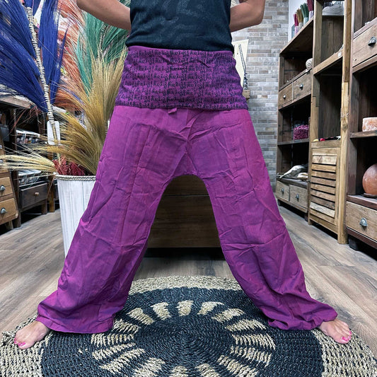Polished Yoga And Festival Pants Thai Fisherman Mandala Mantra On Purple 3 featuring natural patterning and unique variations - Positive Faith Hope Love