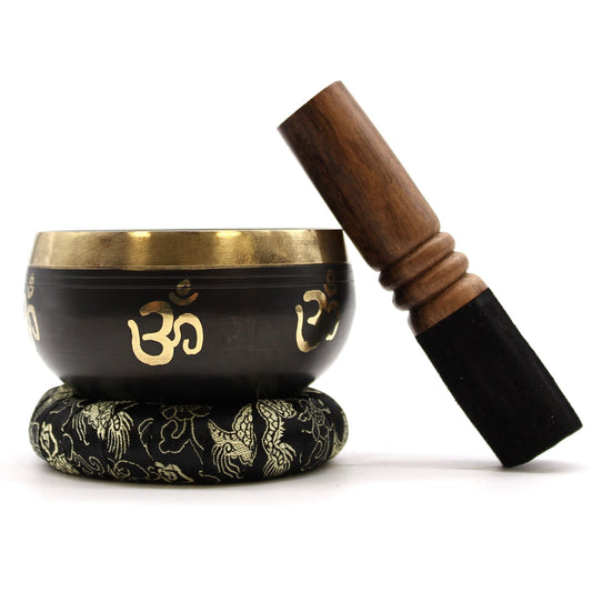 Polished Yoga Om Singing Bowl Set featuring natural patterning and unique variations - Positive Faith Hope Love