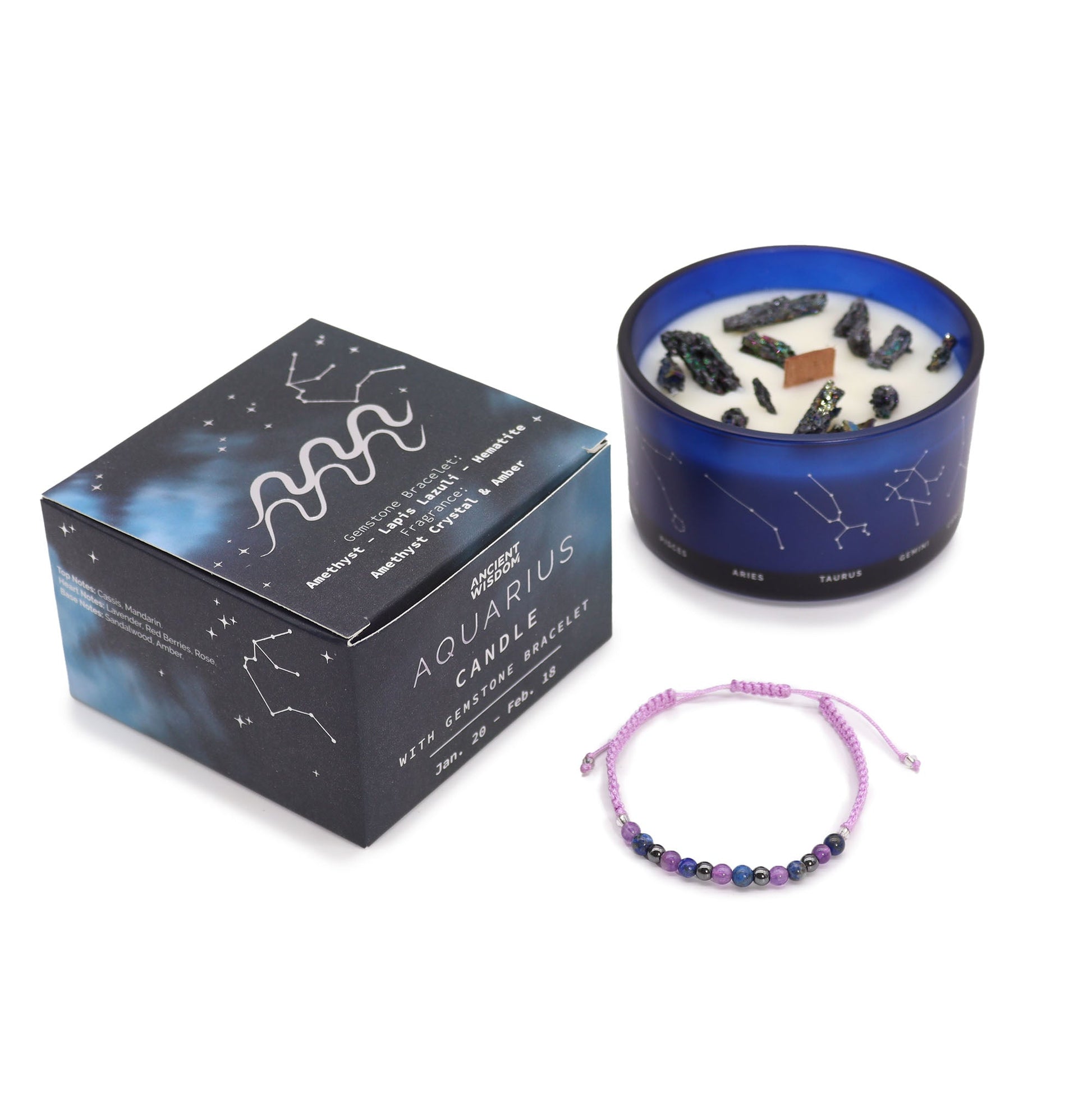 Zodiac Crystal Candle with Gemstone Bracelet - Aquarious - Positive Faith Hope Love