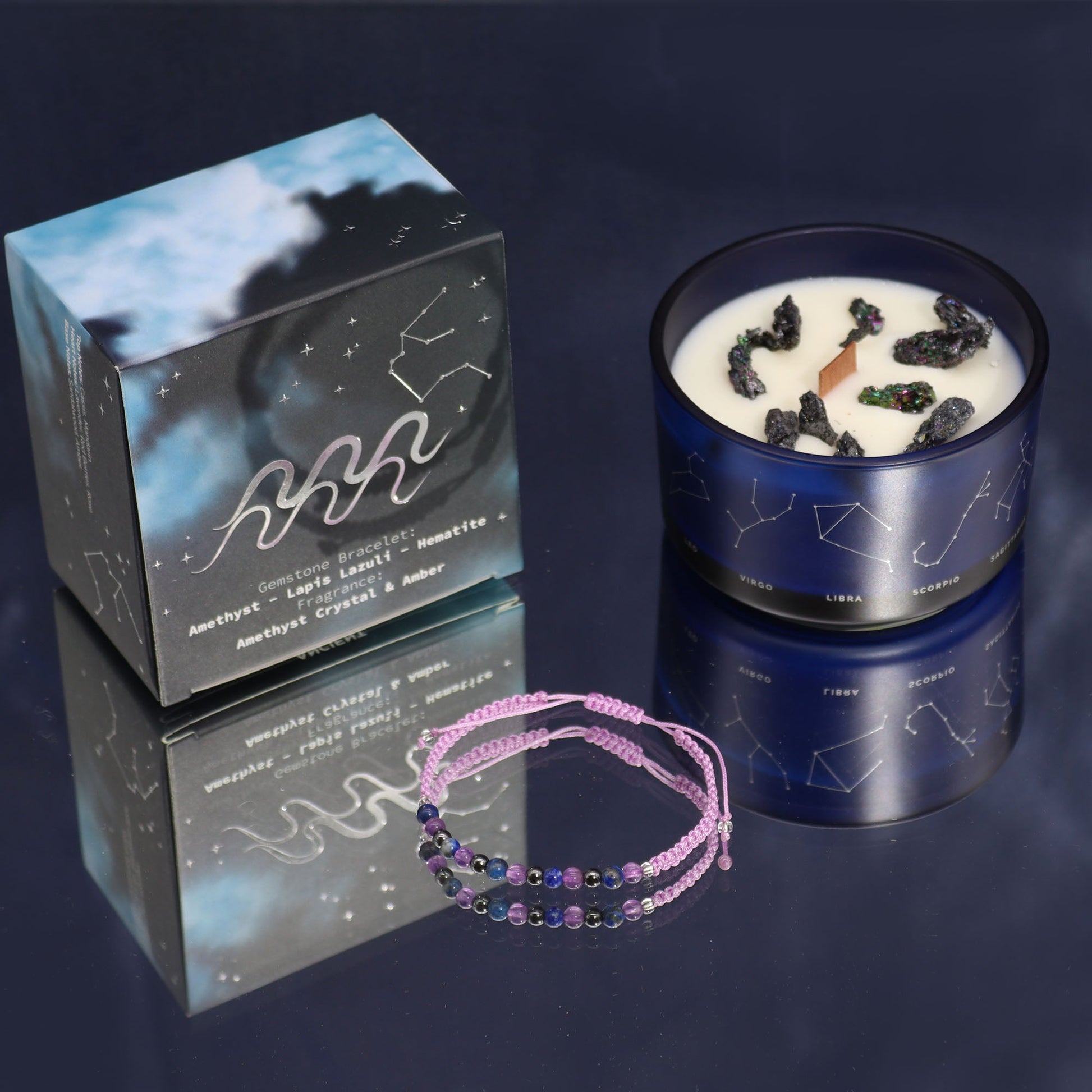 Zodiac Crystal Candle with Gemstone Bracelet - Aquarious - Positive Faith Hope Love