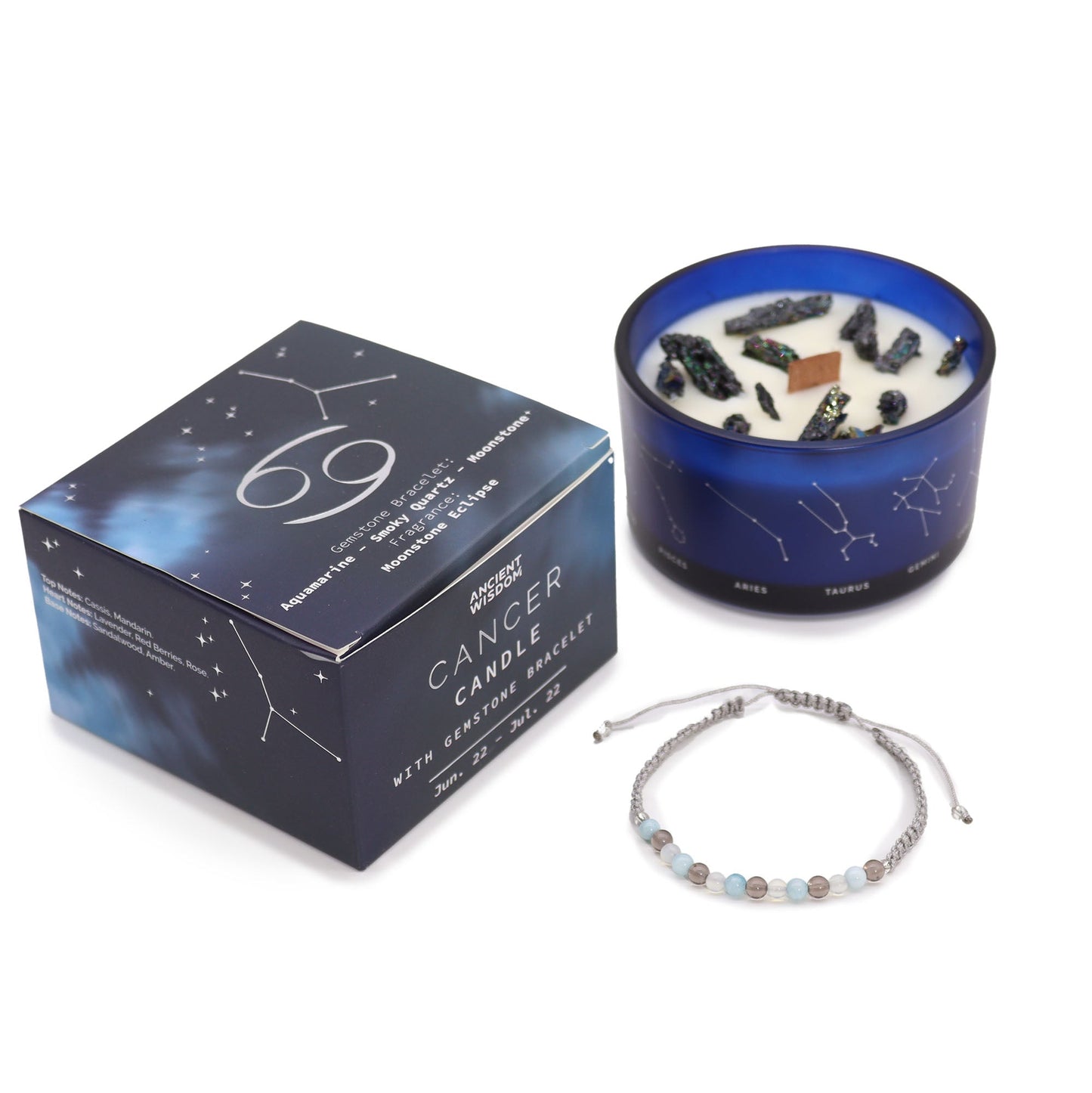 Zodiac Crystal Candle with Gemstone Bracelet - Cancer - Positive Faith Hope Love