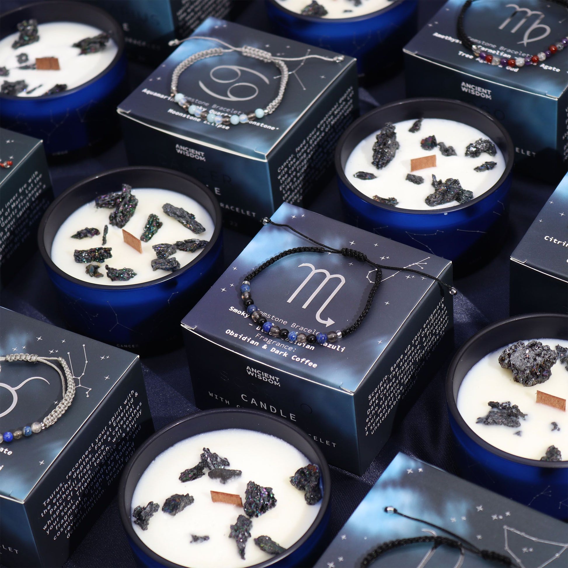 Polished Zodiac Crystal Candle With Gemstone Bracelet Gemini 1 featuring natural patterning and unique variations - Positive Faith Hope Love