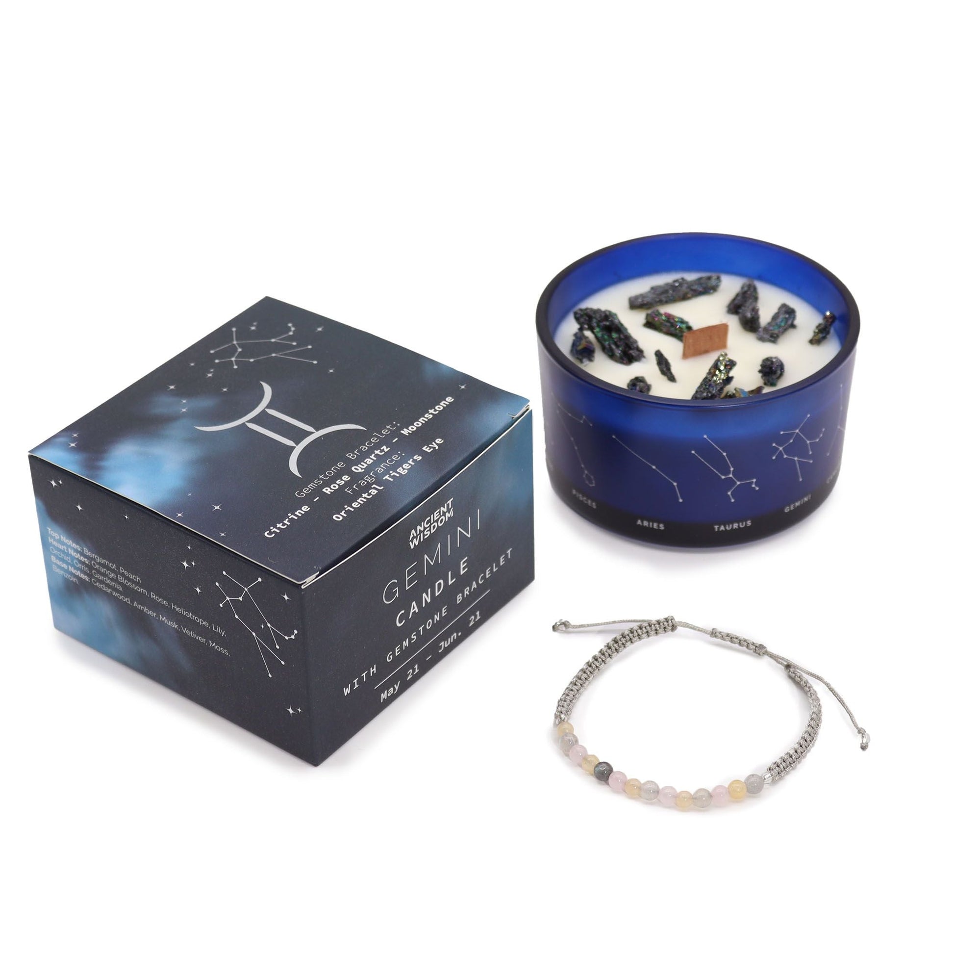 Polished Zodiac Crystal Candle With Gemstone Bracelet Gemini 1 featuring natural patterning and unique variations - Positive Faith Hope Love