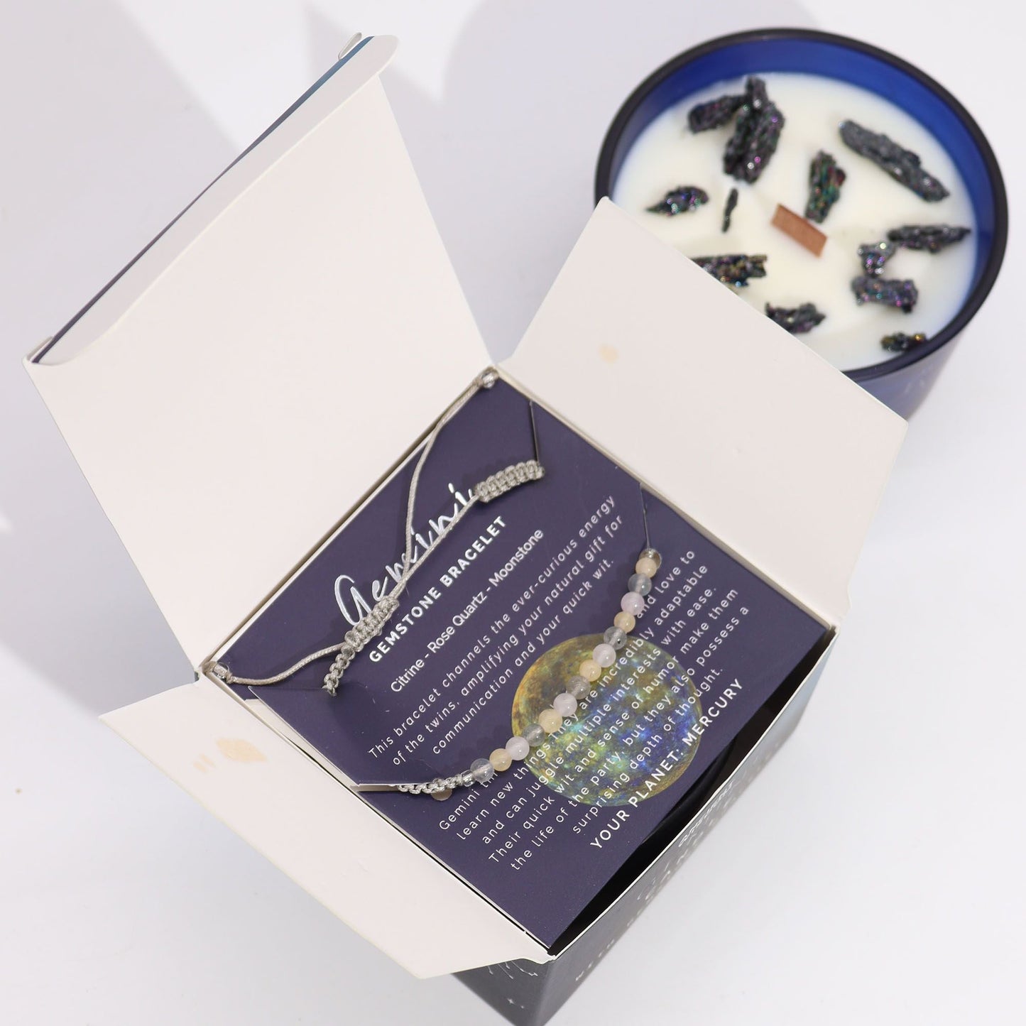Polished Zodiac Crystal Candle With Gemstone Bracelet Gemini 1 featuring natural patterning and unique variations - Positive Faith Hope Love