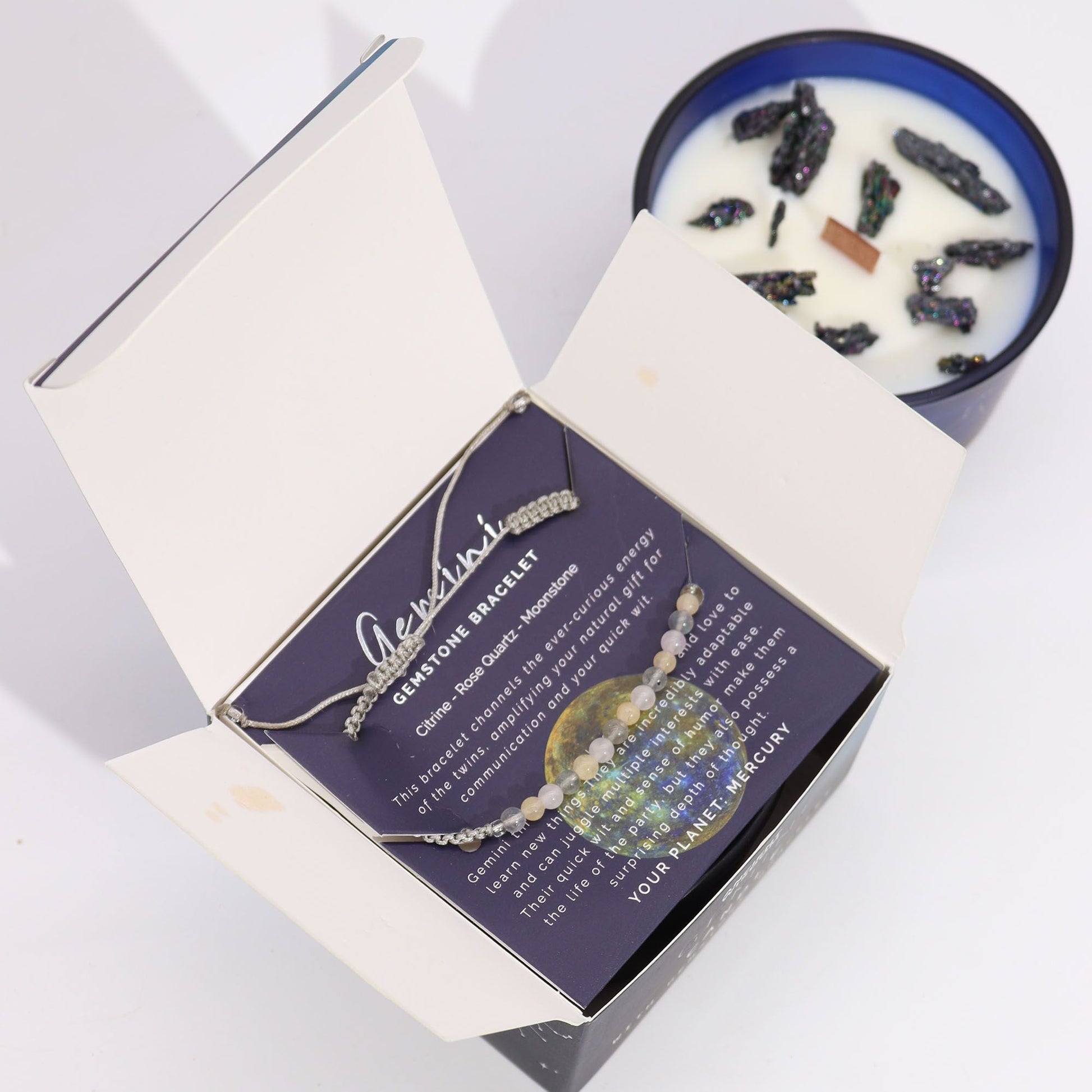 Polished Zodiac Crystal Candle With Gemstone Bracelet Gemini 1 featuring natural patterning and unique variations - Positive Faith Hope Love