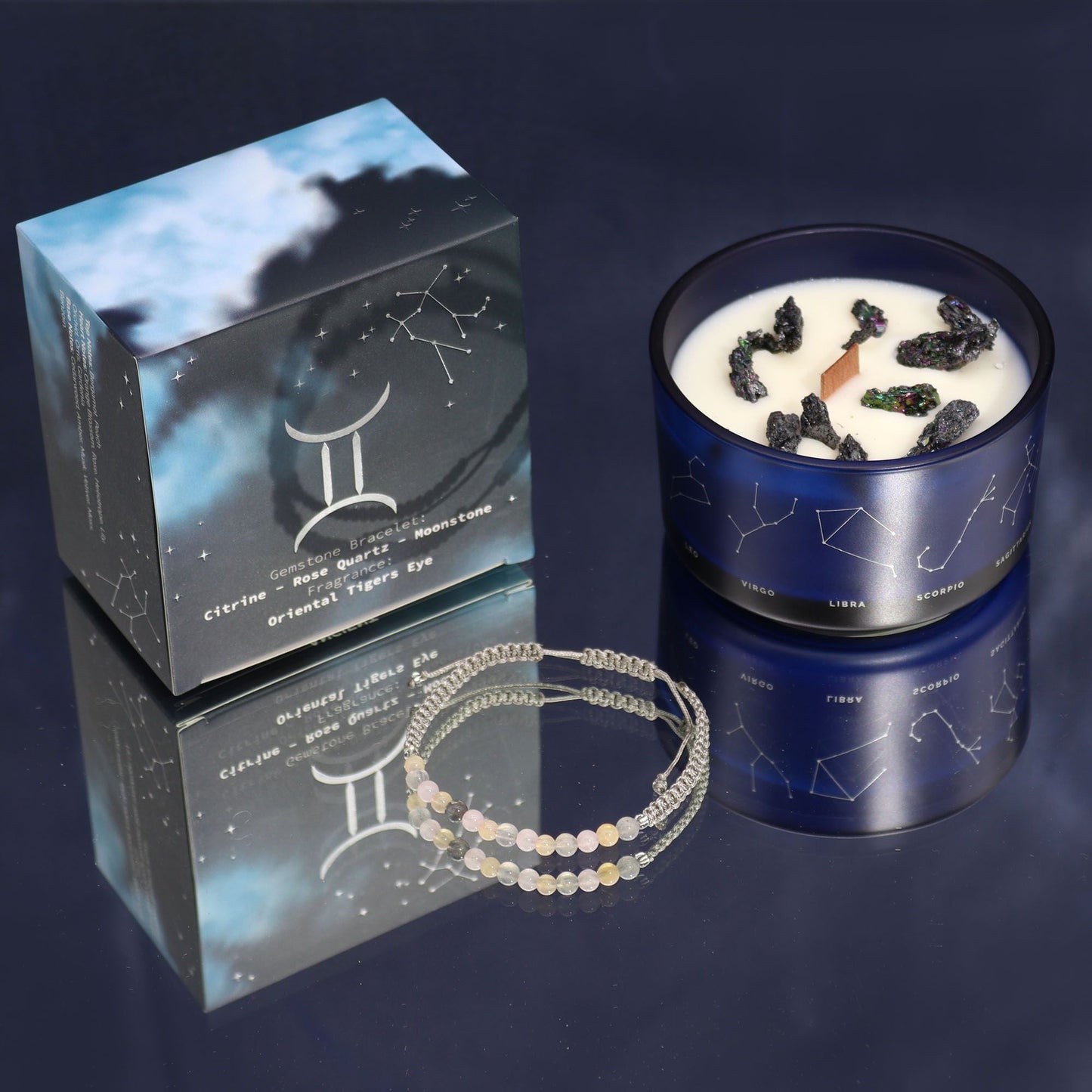 Polished Zodiac Crystal Candle with Gemstone Bracelet - Gemini featuring natural patterning and unique variations - Positive Faith Hope Love