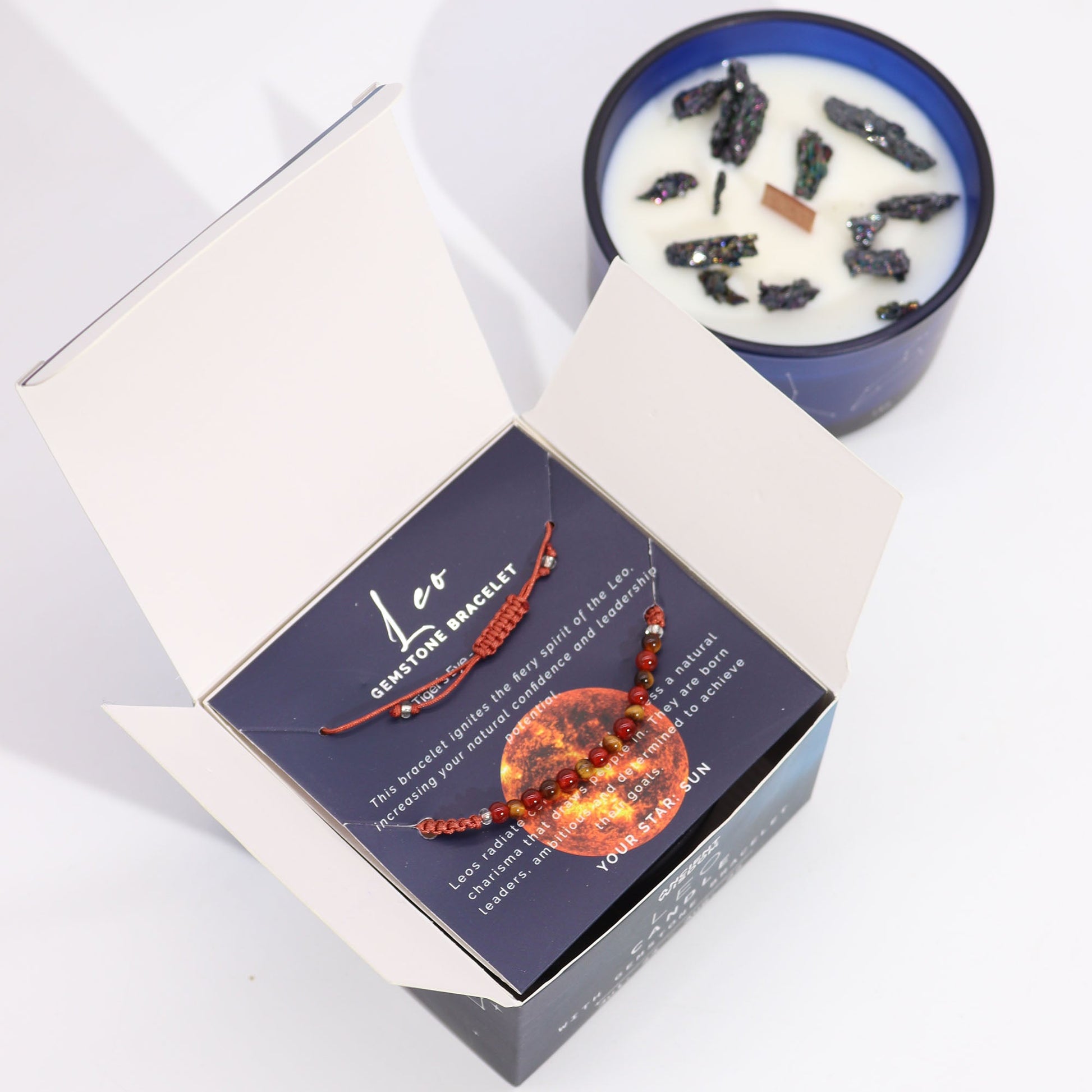 Zodiac Crystal Candle with Gemstone Bracelet - Leo - Positive Faith Hope Love