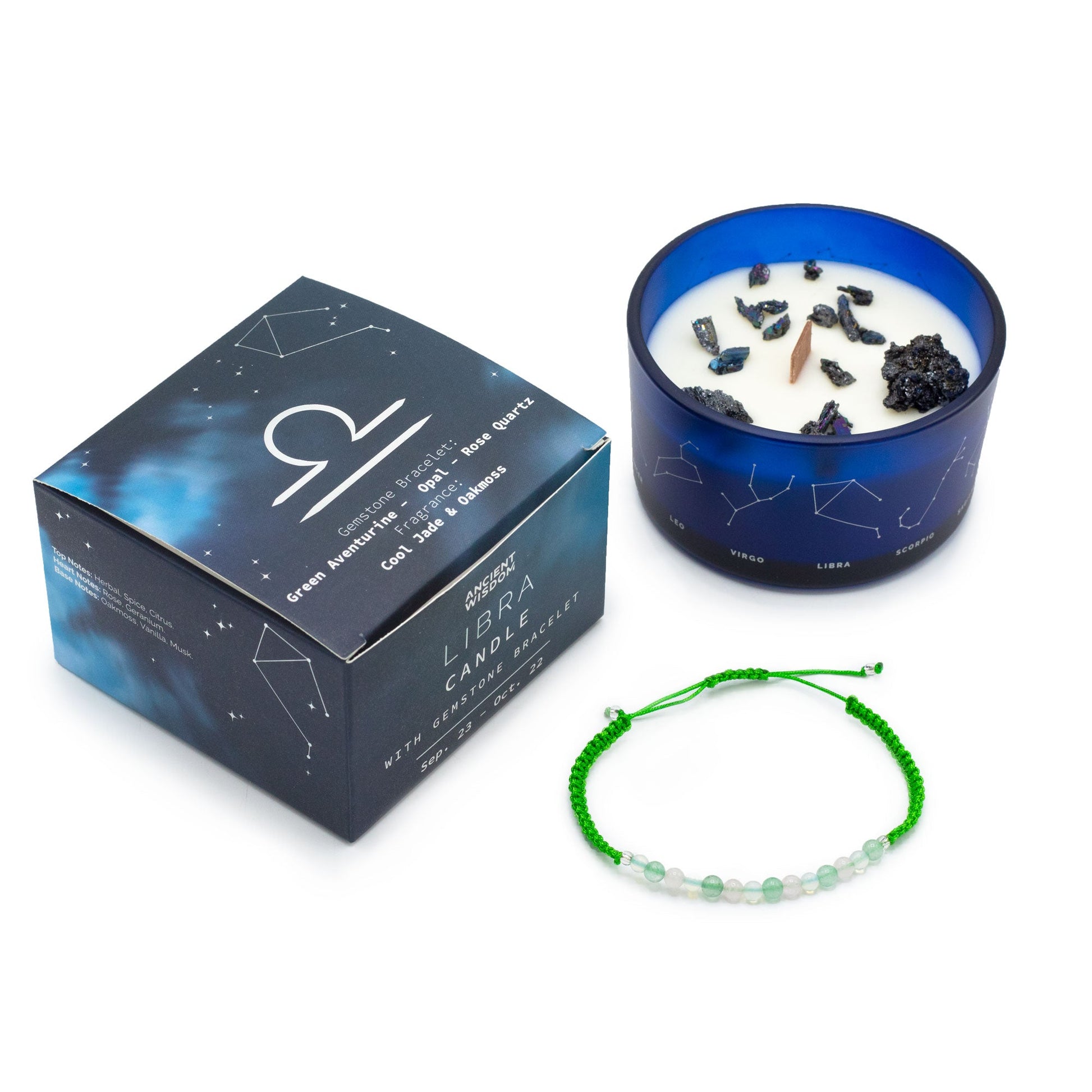 Zodiac Crystal Candle with Gemstone Bracelet - Libra - Positive Faith Hope Love