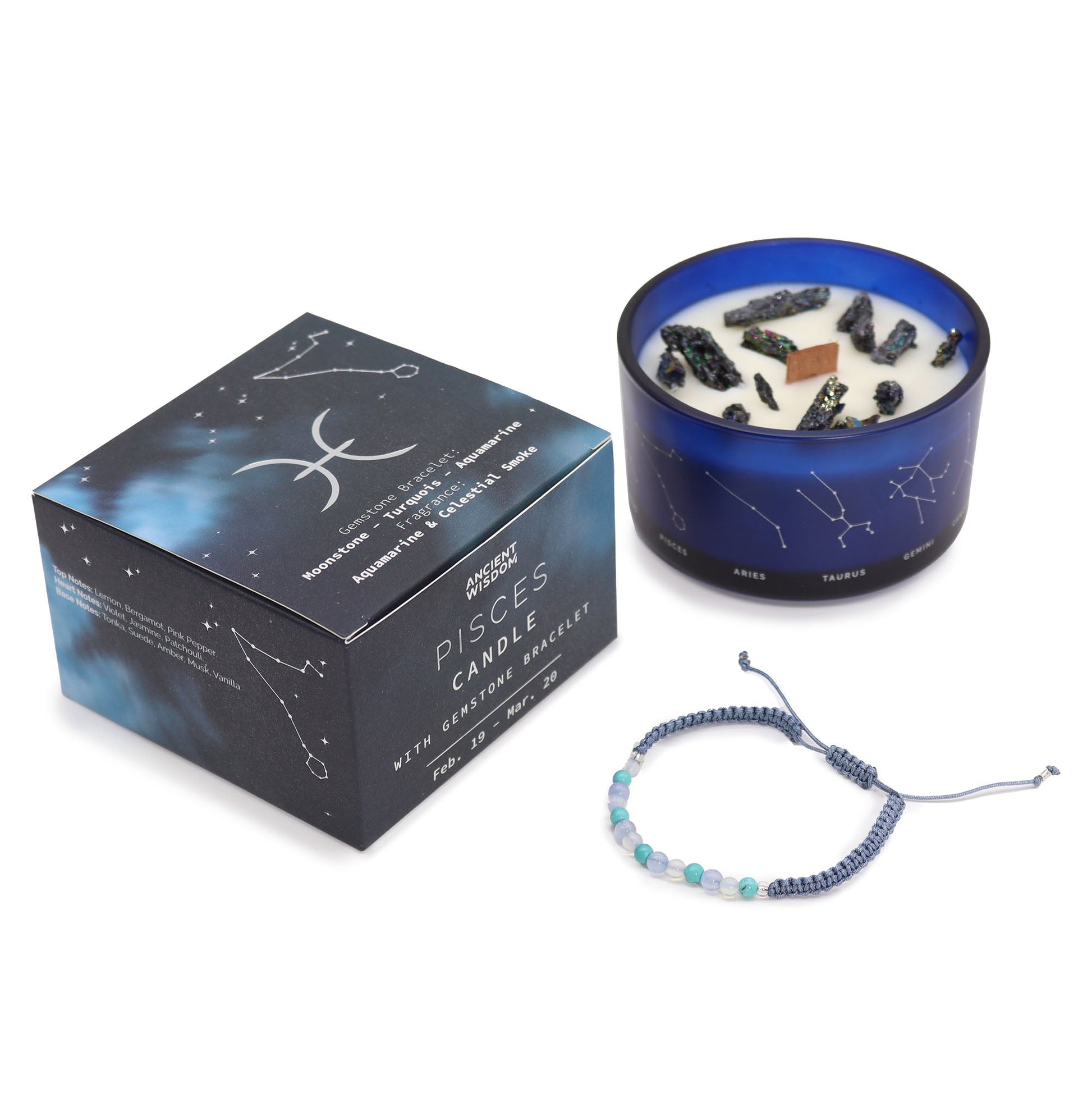 Zodiac Crystal Candle with Gemstone Bracelet - Pisces - Positive Faith Hope Love