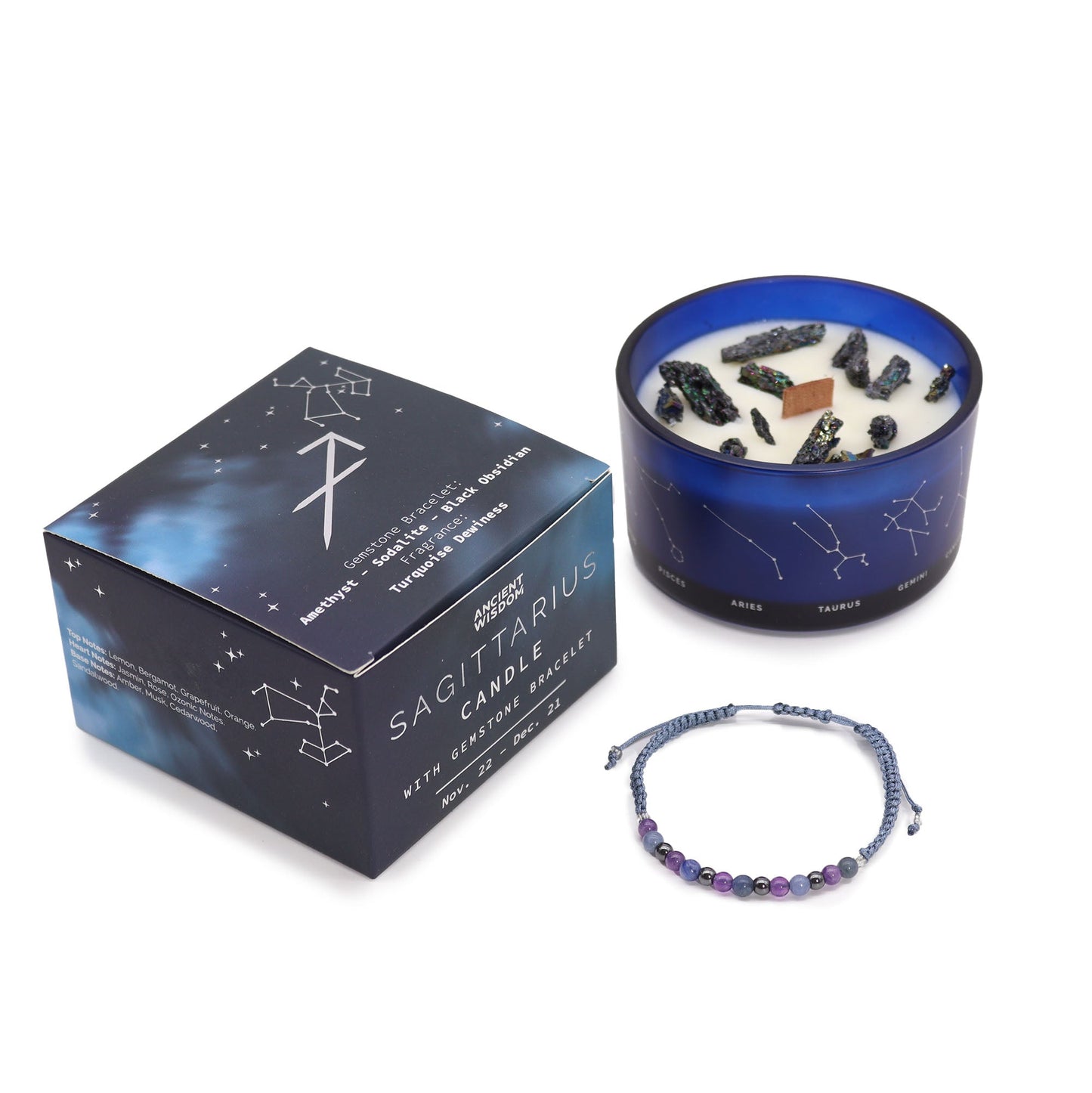 Zodiac Crystal Candle with Gemstone Bracelet - Sagittarius - Positive Faith Hope Love