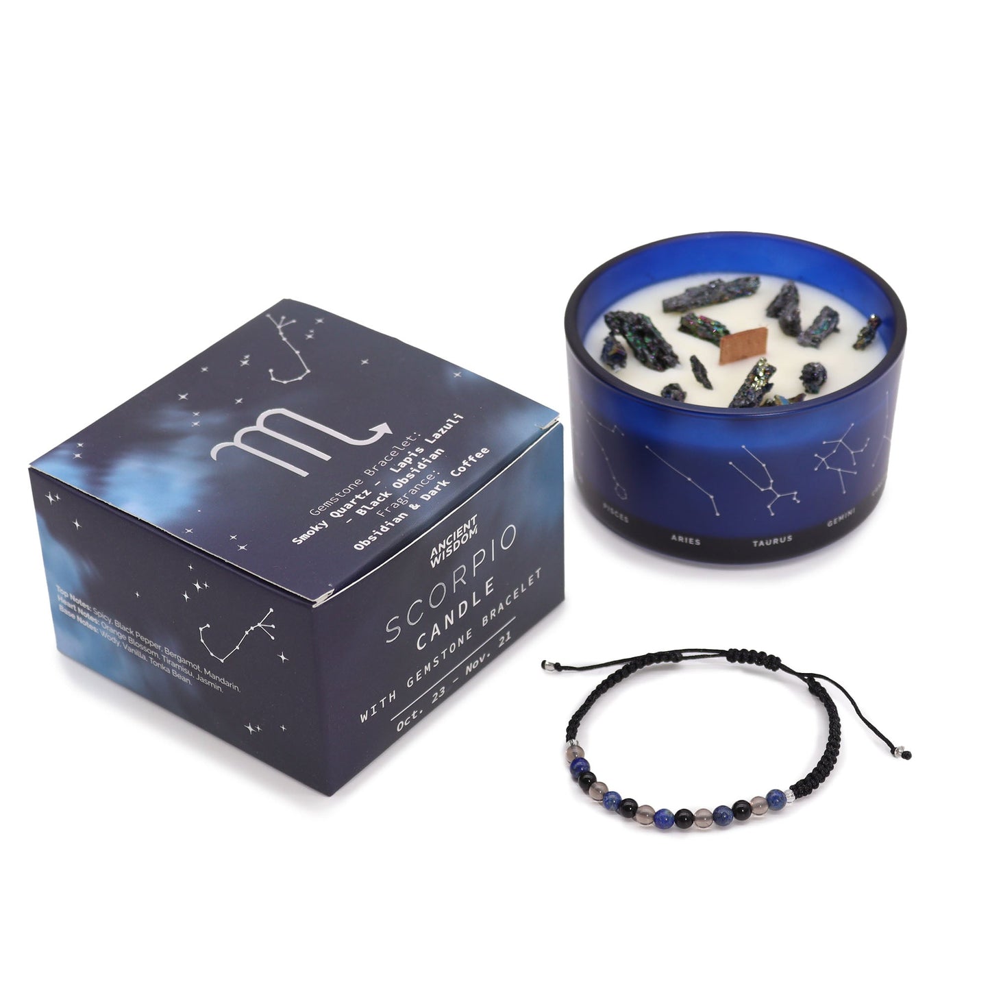 Zodiac Crystal Candle with Gemstone Bracelet - Scorpio - Positive Faith Hope Love