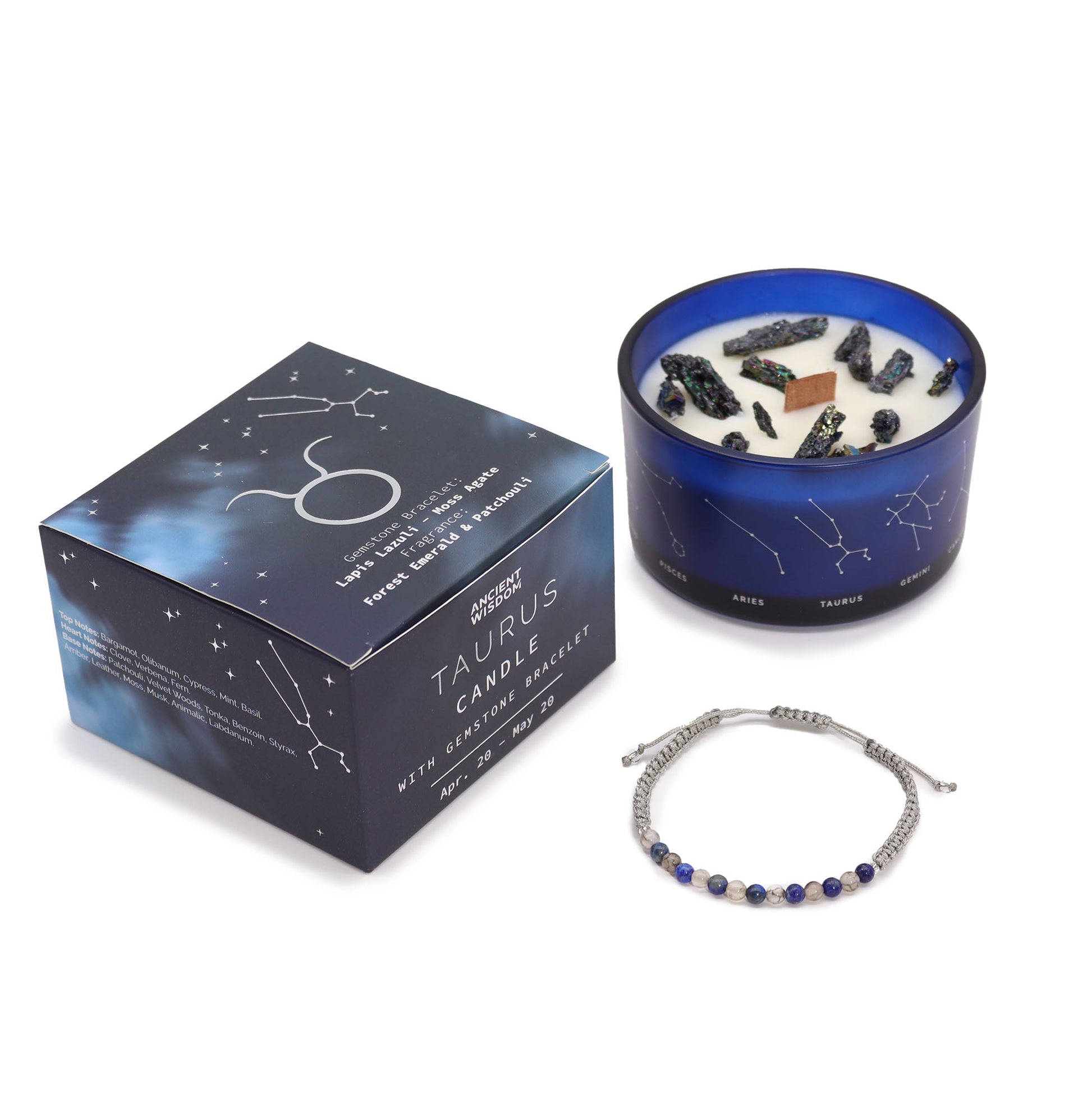 Zodiac Crystal Candle with Gemstone Bracelet - Taurus - Positive Faith Hope Love